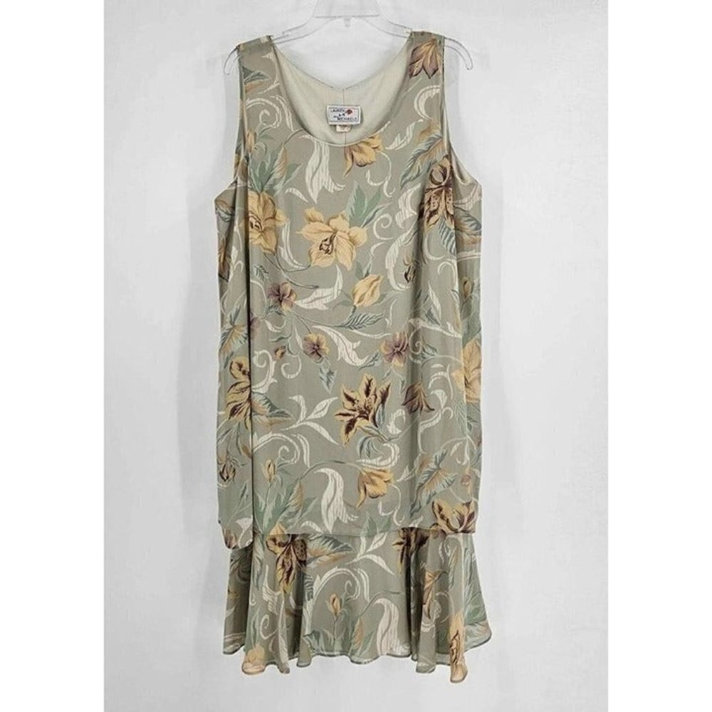 Vintage Lauren Michaels Layered Olive Green Floral Sleeveless Dress Sz 18